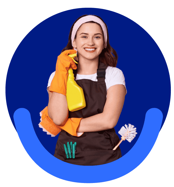 Smiling professional cleaner with yellow gloves on blue background